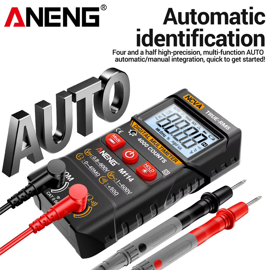 Digitales Multimeter ANENG M114 in Schwarz mit NCV-Spannungsprüfung und Signalton zur Messung von AC-Spannung, Widerstand und Strom - Bild 4