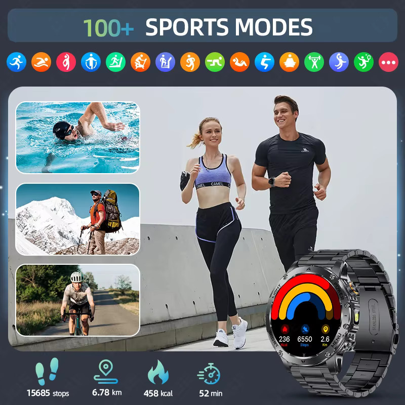 LIGE T-REX3 Smartwatch für Männer in Schwarz mit GPS, Bluetooth-Anruffunktion, starker Taschenlampe und 10ATM Wasserdichtigkeit sowie 1000 mAh Akku - Bild 4