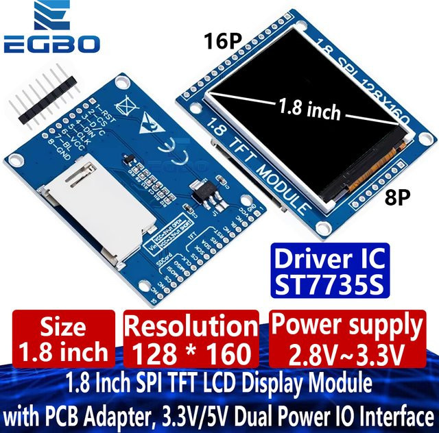 EGBO 1,8 Zoll SPI TFT LCD Display Modul 128x160 mit PCB Adapter in Blau für Arduino, 3,3V/5V Dual Power IO Schnittstelle - Bild 1