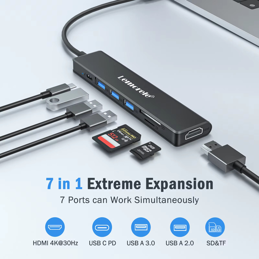 LEMORELE 7-in-1 USB C Hub Dockingstation in Grau mit 4K UHD Videoausgang, 100 W PD und USB-C sowie USB-A 3.0 Ports für MacBook und Windows Laptop - Bild 2