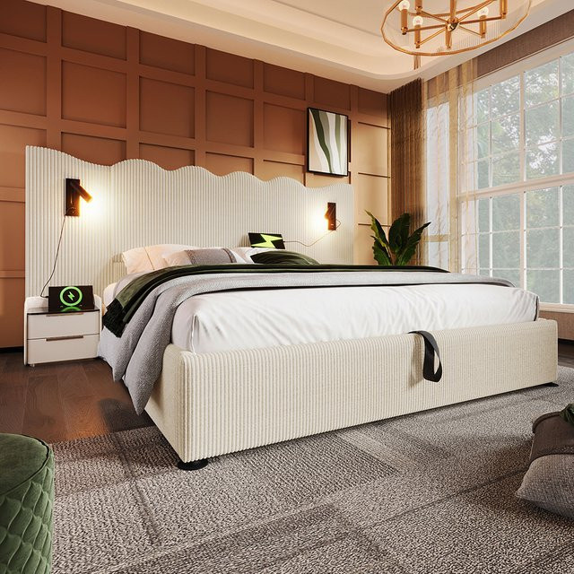 KOMHTOM Polsterbett aus Cordstoff in Beige mit integrierter Leselampe, USB Type-C Ladefunktion und Stauraum durch Lift-up-Funktion, B/T: 180 x 200 cm - Bild 1