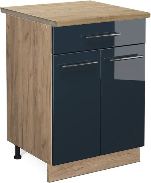 Vicco Küchenunterschrank Fame-Line Dunkelblau Hochglanz und Eiche mit Arbeitsplatte Breite: 60 cm - Bild 2