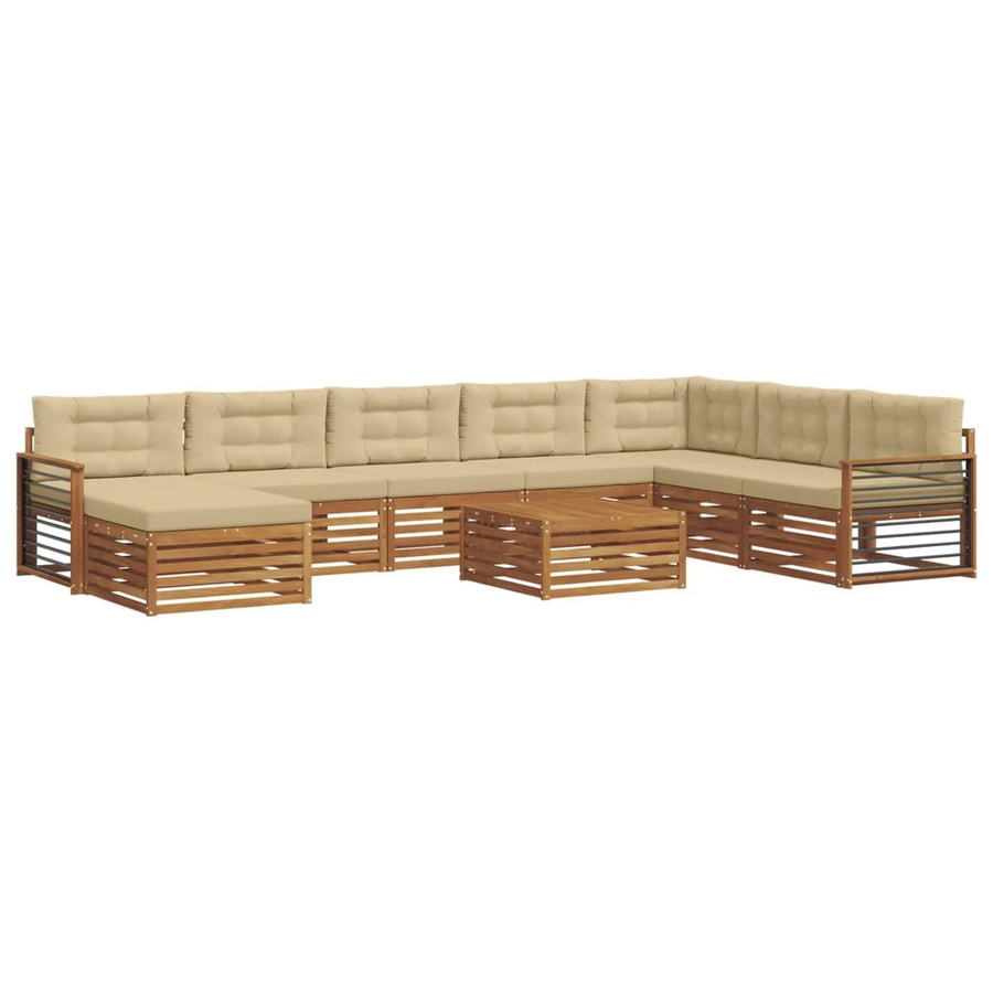 vidaXL Sofagarnitur 9-teilig aus Akazie Massivholz in Natur und Beige mit Polsterkissen und Armlehnen in U-Form - Bild 2