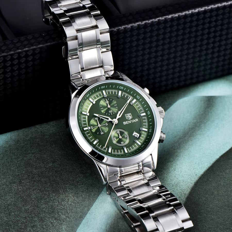 BENYAR Chronograph, Armbanduhr Quarz, Edelstahl, Herren, Grün, Schwarz - Bild 4
