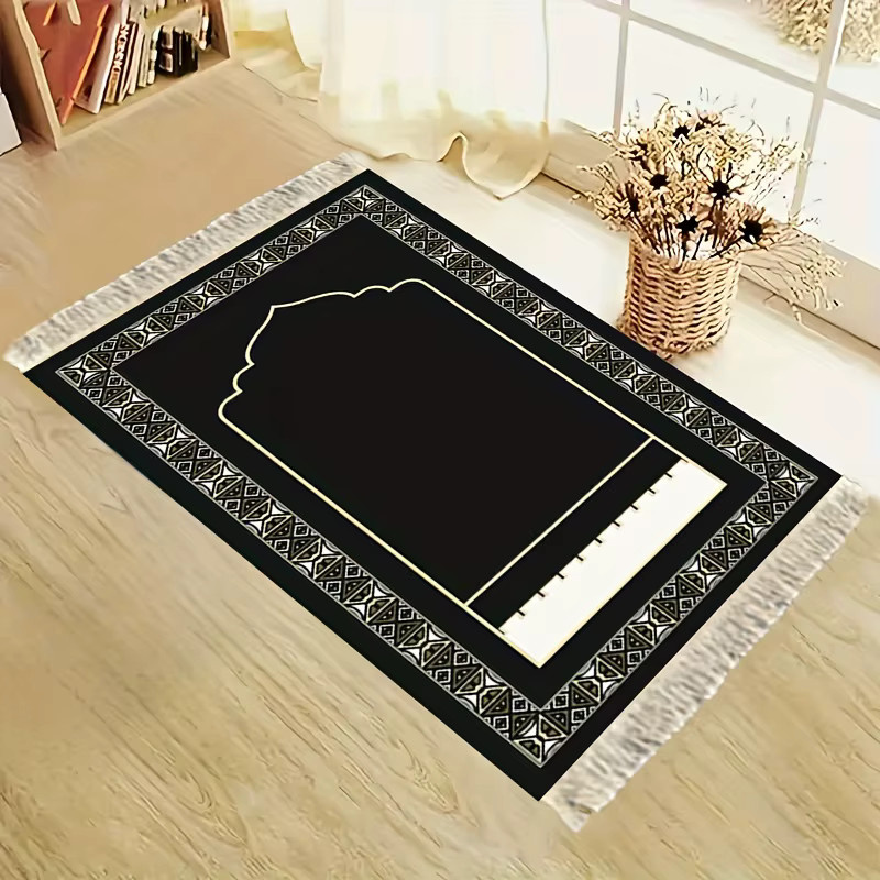 VIKAMA Minimalistischer Islamischer Gebetsteppich in Schwarz-Gold mit Quasten und rutschfester Unterseite - Bild 2