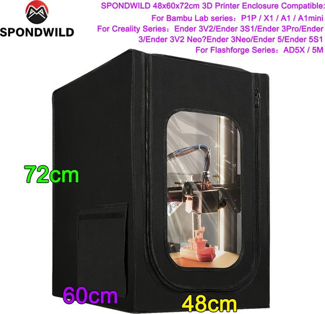 SPONDWILD 3D-Druckerkammer in Schwarz, feuerfeste und schalldichte Abdeckung für Bambu Lab P1P, X1, A1, A1mini sowie Flashforge AD5X und 5M, kompatibel mit Creality Modellen - Bild 1