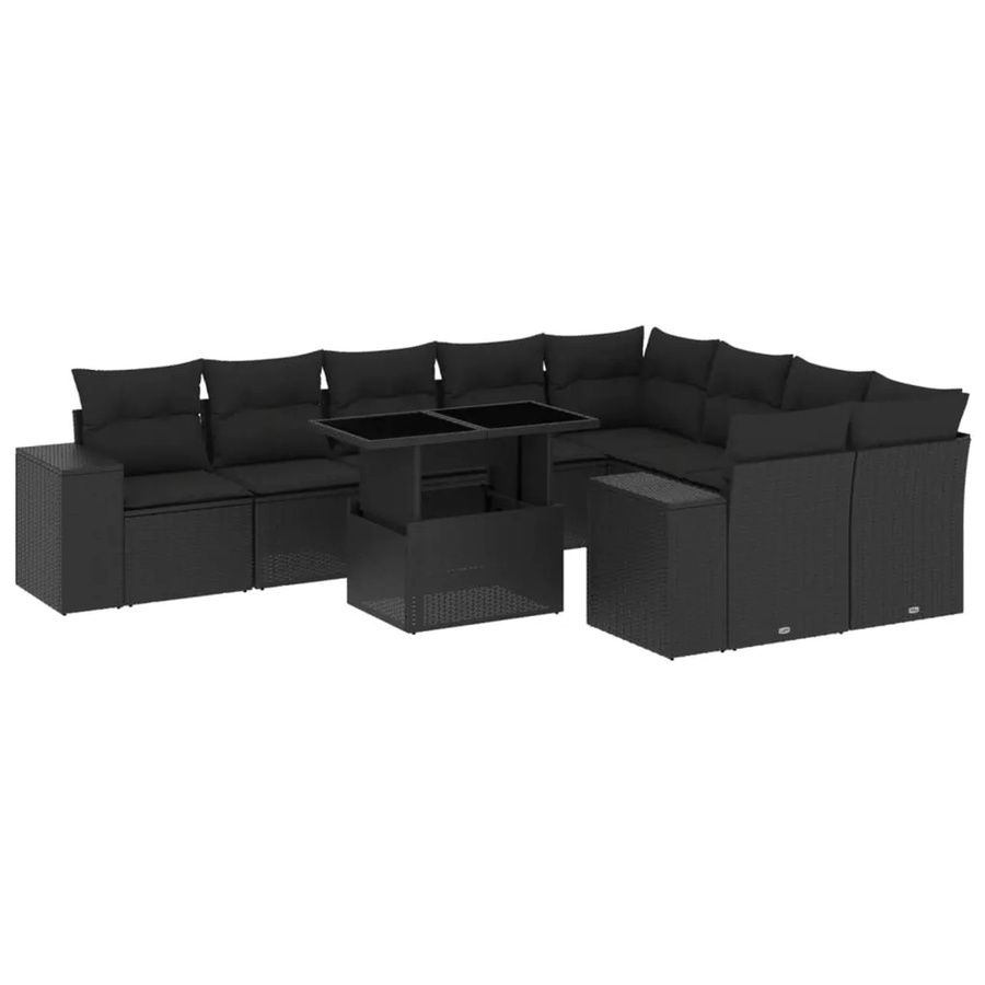 vidaXL 10-tlg. Garten-Sofagarnitur in L-Form aus schwarzem Poly-Rattan mit UV-beständigen Kissen und pulverbeschichtetem Stahlgestell - Bild 2