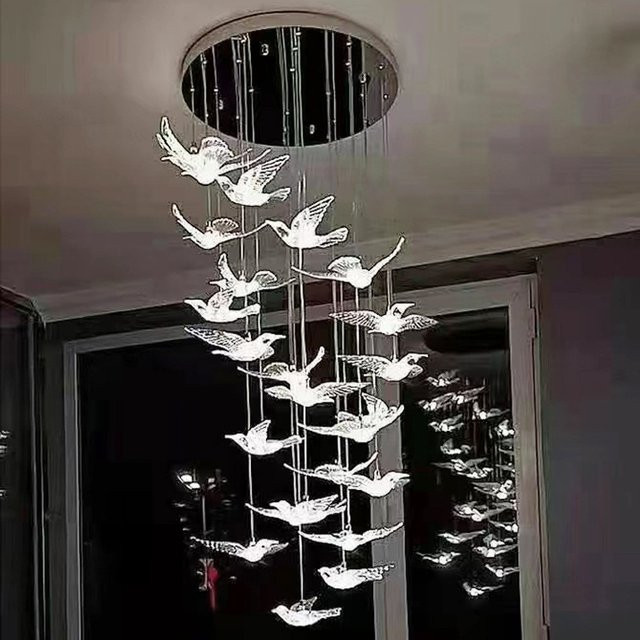 JIANKEXING LED Glas Vogel Kronleuchter in Transparent und Chrom als luxuriöse Pendelleuchte für Treppenhäuser, Hotels oder Villen - Bild 1