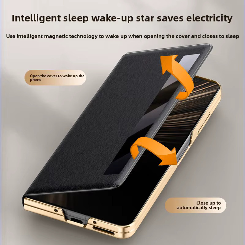 Honor Magic V5 Smart Window Ledertasche mit Kameraobjektivhalter und Magnetabdeckung in Schwarz, Weiß oder Goldrand - Bild 5