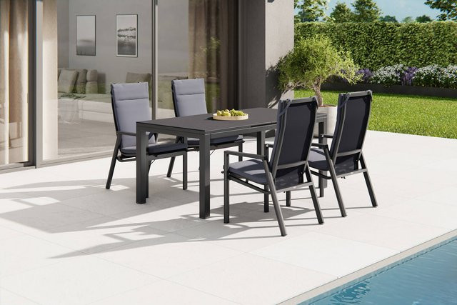 Siena Garden Garten-Essgruppe Miros/Valencia in Anthrazit mit Ausziehtisch und 4 Stapelsesseln aus Aluminium und Ranotex-Gewebe, Tisch B: 180 bis 240 cm, B: 90 cm, H: 75 cm - Bild 1