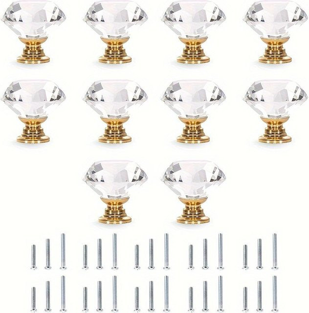 WTEMPO Kommodengriff aus Glas in Gold und Transparent mit Diamant-Imitation, 10 Stück, Durchmesser: 30 mm - Bild 1
