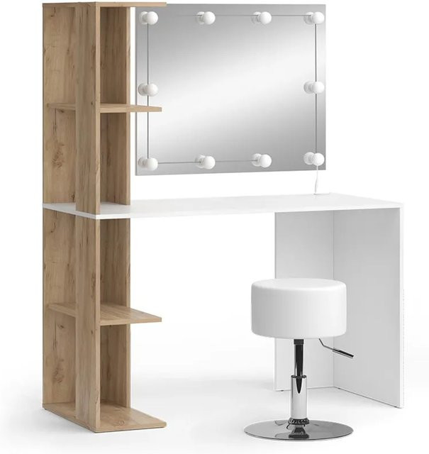 Vicco Schminktisch Tower mit Hollywood-Beleuchtung und Hocker, Weiß/Sonoma, B: 122 cm, T: 55 cm, H: 75,8 cm - Bild 2