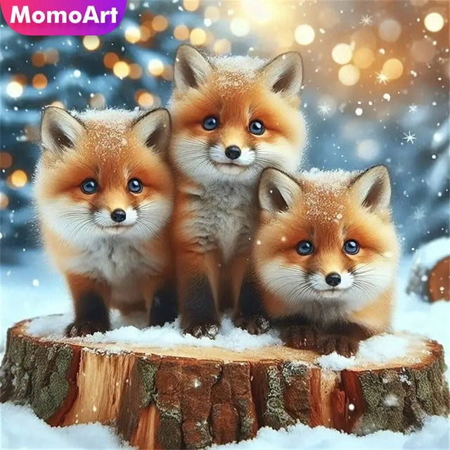 Momoart 5D DIY Diamant Stickerei Fuchs Tier Malerei Winter Motiv in Multicolour mit runden Steinen für die Tischdekoration B/B/H: 20 x 20 x 20 cm - Bild 1