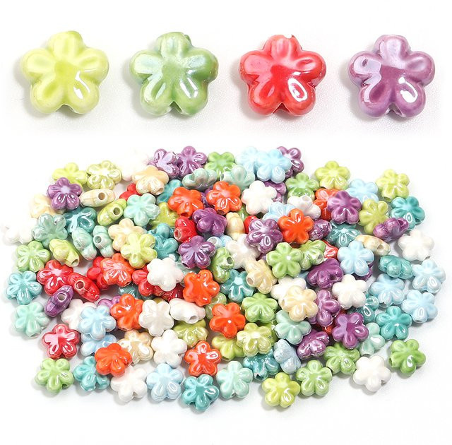 lingsai Keramik Perlen, Fünf-blütenblatt Blumen, 12mm, Bunt - Bild 1