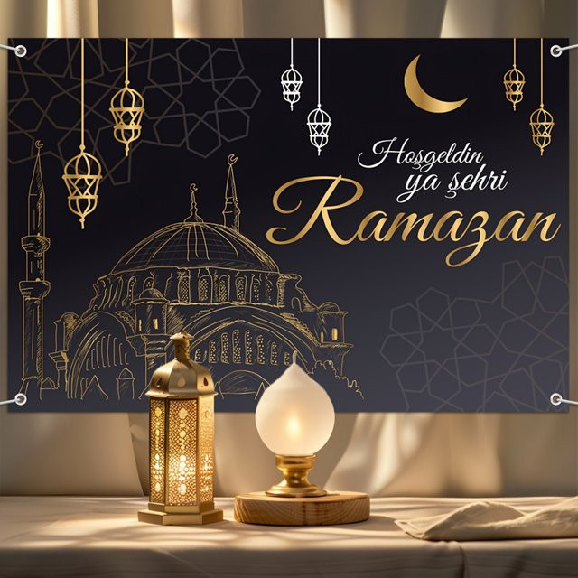 VIKAMA Willkommen Ramadan Banner Wandbehang in Schwarz mit orientalischem Mond- und geometrischem Design - Bild 1