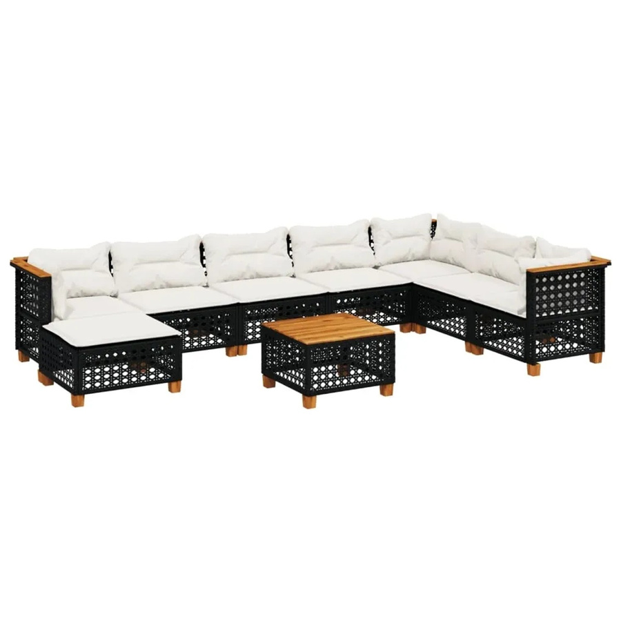 vidaXL 9-tlg. Garten-Sofagarnitur in L-Form aus Poly-Rattan und Akazienholz mit Kissen, Schwarz - Bild 2