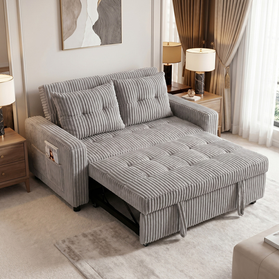 HOMCOM Schlafsofa 2-Sitzer mit Schlaffunktion in Hellgrau mit Kordoptik und Seitentaschen, B/T/H: 157 x 190 cm - Bild 2