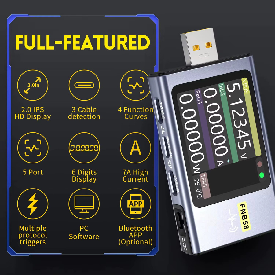 FNIRSI FNB58 USB-Tester zur Messung von Spannung, Strom und Leistung mit Typ-C Schnellladungsprotokoll-Erkennung sowie Kapazitäts- und Rippelmessung - Bild 2