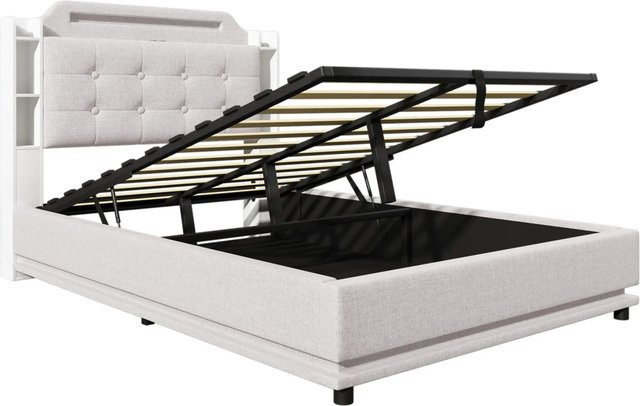okwish Polsterbett mit LED-Beleuchtung, USB-Anschluss und Stauraum in Beige, B/T/H: 140 x 200 x 115 cm - Bild 1