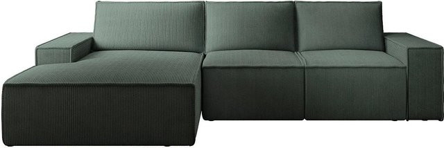 Vente-unique Schlafsofa Amelia in L-Form mit Cord-Bezug, Grün, Breite: 297 cm - Bild 1