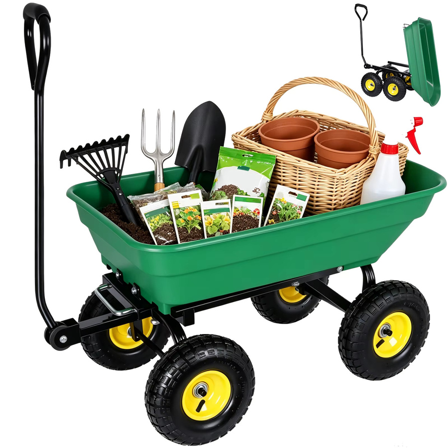 HGTUGO Gartenwagen in Grün mit 55L Volumen, kippbarem Aufbau, verstellbarem Griff und 4 Reifen - Bild 4