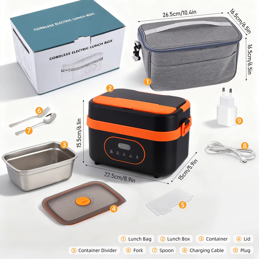 Elektrische Lunchbox von Rbefeuly mit Edelstahlschüssel, 1500 ml Speisenwärmer für Büro und Reisen, Schwarz oder Orange - Bild 5