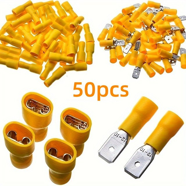 ELECAPITAL Crimp Terminal Set mit 50 Stück Flachsteckern in Gelb, 6,3mm für 12-10AWG, 25x Weiblich und 25x Männlich - Bild 1