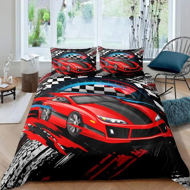 Flylo Bettwäsche Set mit Rennwagen Cartoon Motiv in Rot, Mikrofaser, B/H: 240 x 260 cm - Bild 1