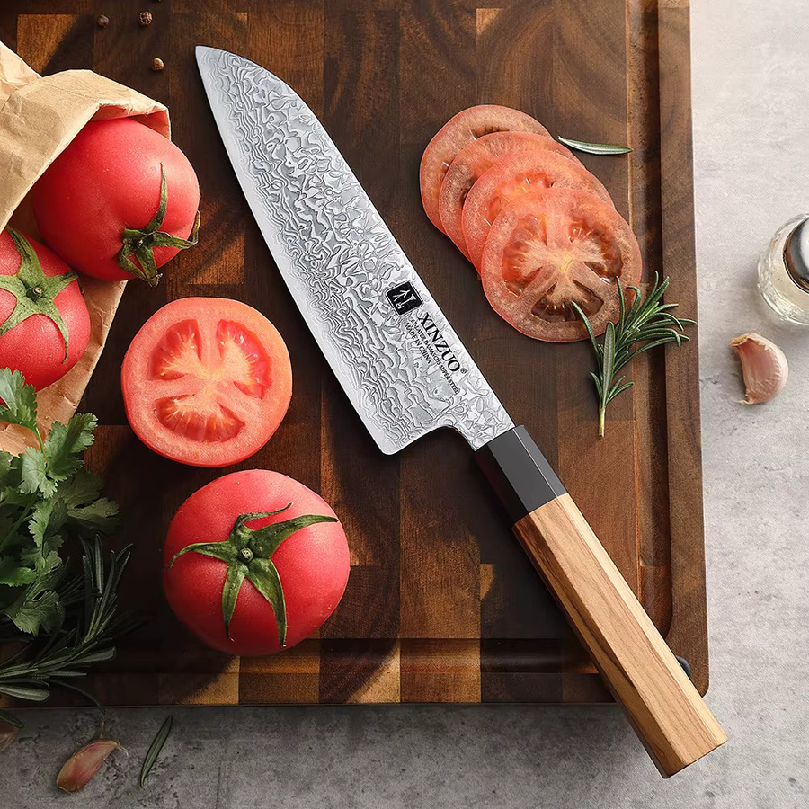 XINZUO Santoku Kochmesser aus 10Cr15CoMoV Stahl mit braunem Olivenholzgriff, 18,54 cm - Bild 5