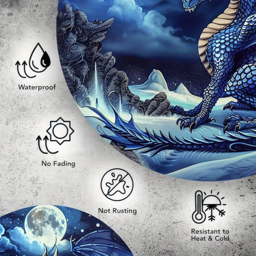 Potdemiel Fantasy Blue Dragon Aluminium-Wandkunst, rundes Vintage-Metallschild in Blau, Durchmesser: 20,3 cm - Bild 4