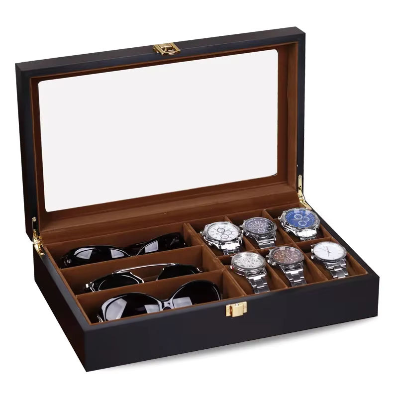 DOKW Luxus Uhren- und Sonnenbrillen-Organizer aus Holz mit 6 Slots in Schwarz - Bild 7