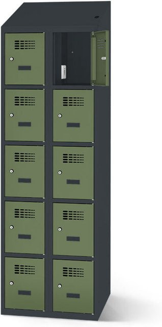 rotstahl Fächerschrank mit Ladefunktion und 10 Fächern in Hellgrün mit anthrazitgrauem Korpus, B: 80 cm, H: 200 cm - Bild 1