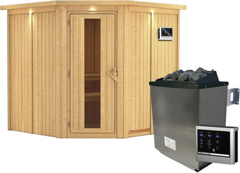 Karibu Sauna Vöru aus Fichtenholz in Beige inklusive 9 kW Saunaofen mit externer Steuerung für 4 Personen, B/T/H: 210 x 202 x 210 cm - Bild 1