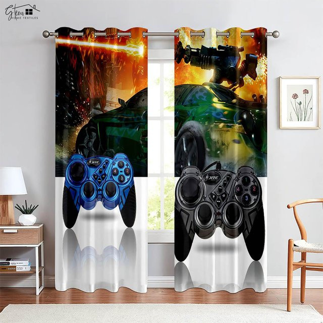 Yiran Furniture Gamecontroller Druckvorhänge für Kinderzimmer und Spielzimmer, 2er Set, Mehrfarbig, Breite: 106,5 cm, Höhe: 213 cm - Bild 1