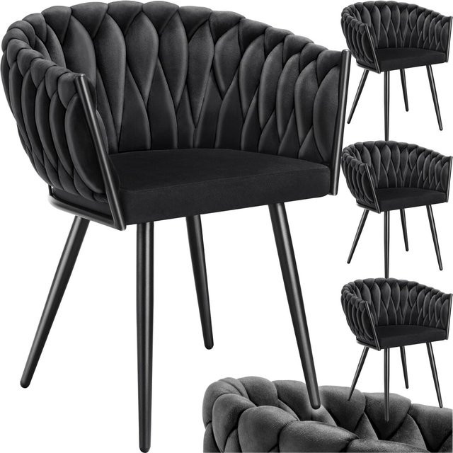 tectake Set Esszimmerstühle Astano, 4er Set, gepolstert mit Samtbezug und Knotendesign, Schwarz, B/T/H: 60,5 x 55 x 75 cm - Bild 1