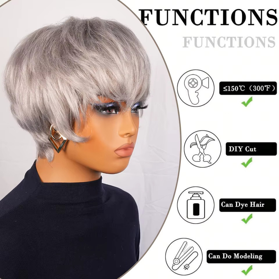 OYM HAIR Pixie-Schnitt-Perücke, Remy-Echthaar, silbergrau, Damen - Bild 4