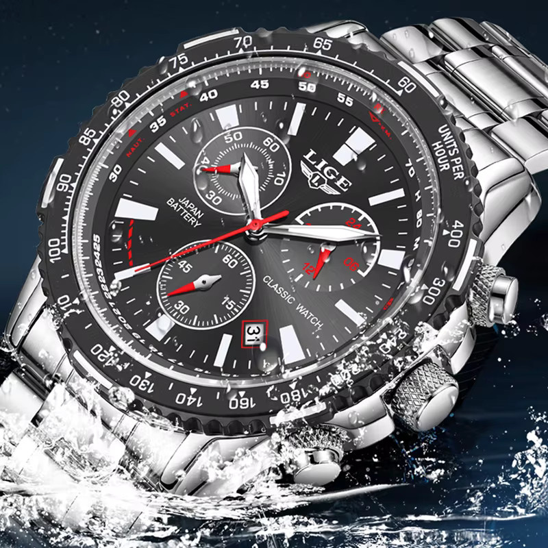 LIGE Chronograph Armbanduhr, Quarz, Edelstahl, Schwarz, Herren - Bild 4