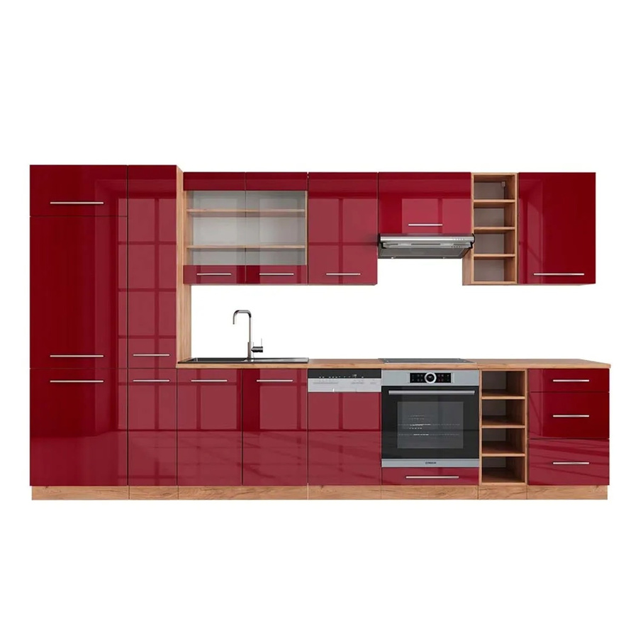 Vicco Fame-Line Küchenzeile Bordeaux Hochglanz in Rot und Goldkraft Eiche, Breite: 355 cm - Bild 2