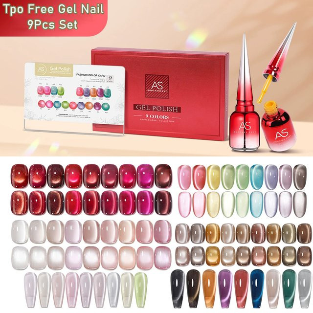 AS Magnet Cat Eye Gel Nagellack-Set, 9 Farben, Rosa und Rot, mit Display - Bild 1
