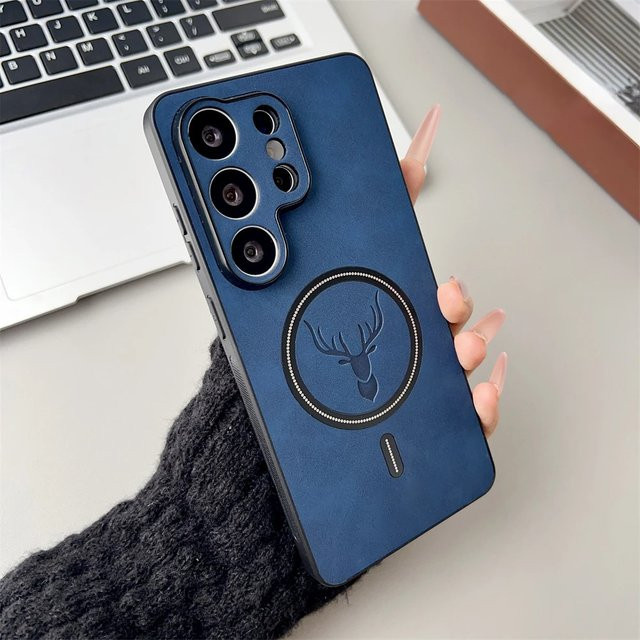 Samsung MagSafe Magnetische Schutzhülle aus PU-Leder mit Elchmuster in Blau für Galaxy S26 S25 S24 S23 Ultra Plus - Bild 1