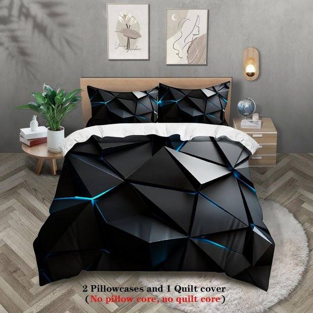 3-teiliges geometrisches Bettwäsche-Set mit 3D-Print in Schwarz-Blau, bestehend aus Bettbezug und Kissenbezügen, Material Mikrofaser, Breite: 140 cm, Länge: 210 cm - Bild 1