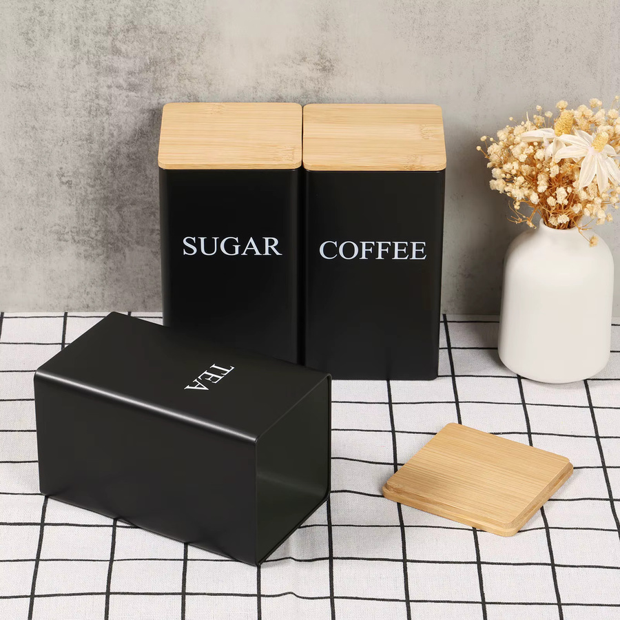 3er-Set Metall-Vorratsbehälter für Kaffee, Zucker und Tee mit Bambusdeckel in Schwarz - Bild 2