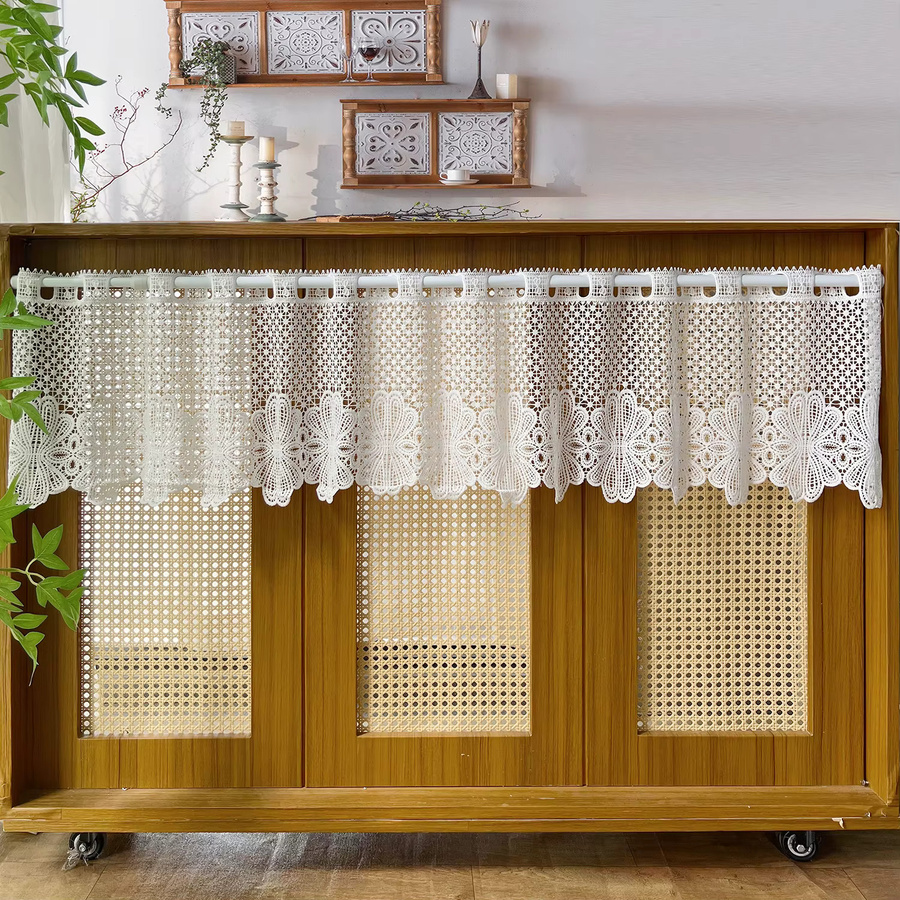AiFish Moderner Kurzvorhang mit weißer Spitzen-Blumen-Hohltextur, transparent, Breite: 100 cm, Höhe: 30 cm - Bild 2