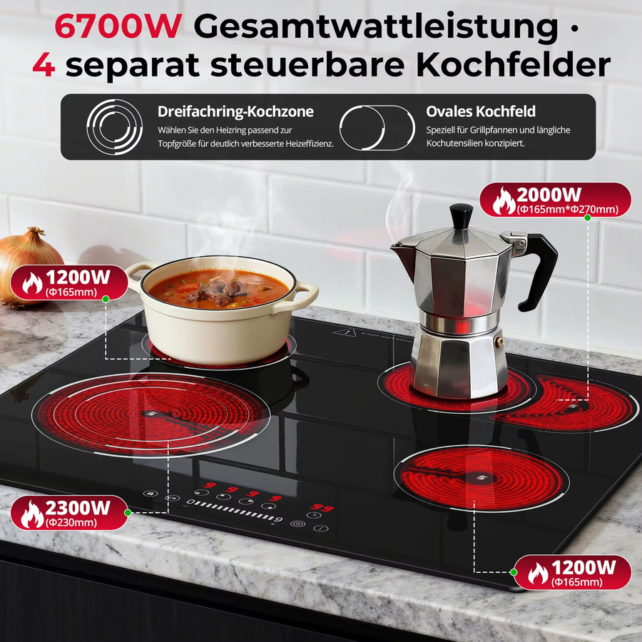 KICHPOWER Keramikkochfeld in Schwarz mit 60 cm Breite, elektrisches Glaskeramikkochfeld mit ovaler und dreifacher Ringzone, 9-stufiger Touch-Steuerung, Timer und Kindersicherung - Bild 4