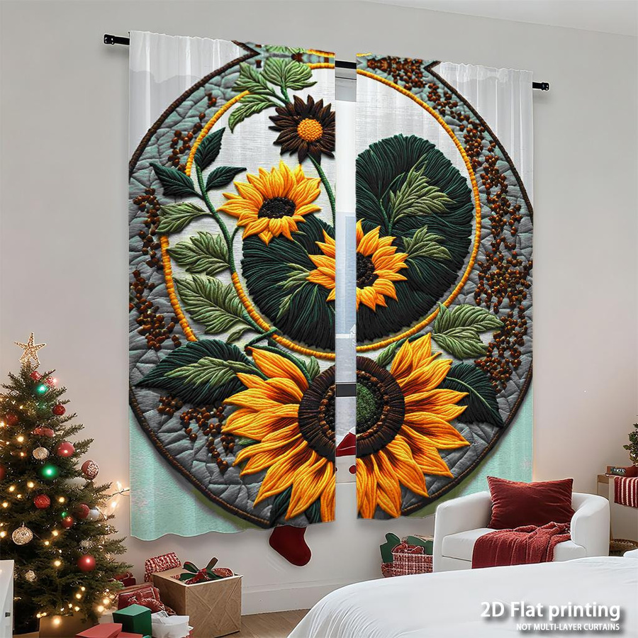 Set aus 2 Vorhangrundungen mit Sonnenblumen-Stickerei in Gelb und Grün, Digitaldruck aus Polyester mit Stangentasche, Breite: 100 cm, Höhe: 130 cm - Bild 2