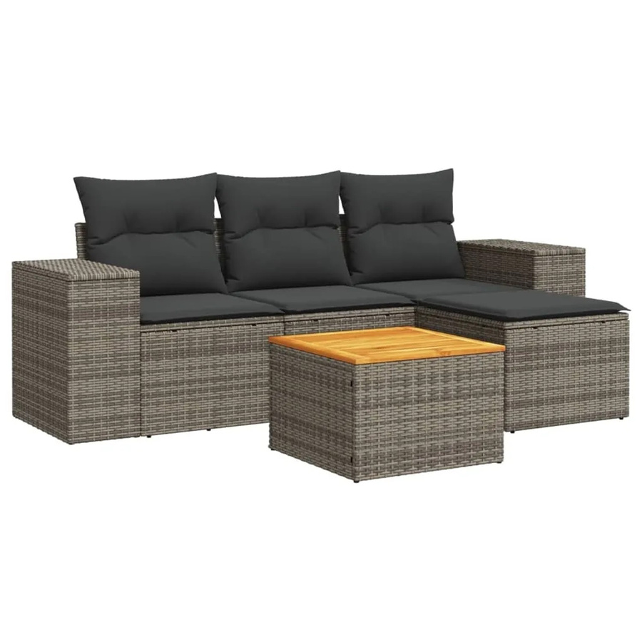 vidaXL 5-tlg Garten-Sofagarnitur Modell 50 aus grauem Poly-Rattan mit Kissen und Akazienholz - Bild 2