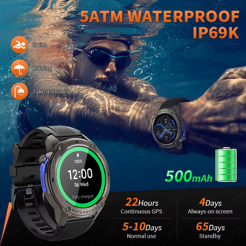 LIGE Smartwatch, GPS, 1,43 Zoll AMOLED, Schwarz, Silikon, 5 ATM - Bild 3