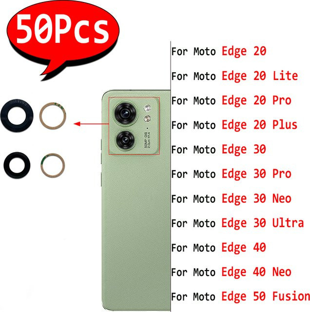 50 Stück Ersatz-Rückkamera-Objektivglas mit Kleber für Motorola Moto Edge 20 Lite, Plus, 30 Pro, 40 Neo, 50 Fusion und 30 Ultra in Schwarz - Bild 1