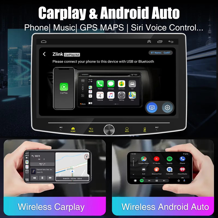 ESSGOO Android 15 Autoradio mit 10,1 Zoll drehbarem Touchscreen, 64GB oder 128GB Speicher, kabelloses CarPlay, GPS, Bluetooth, WiFi und MIC in Schwarz - Bild 3