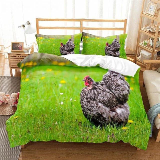 Bettwäsche-Set Bauernhof Huhn und Küken von Your Warm Home, 2-teilig aus Polyester, Farbe Grün, Bettbezug Breite: 70 cm, Breite: 133 cm - Bild 1